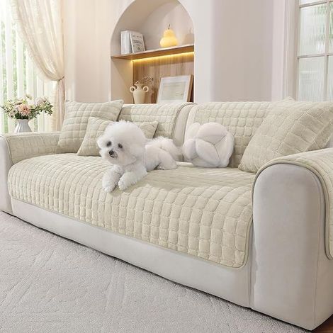 Thick Velvet Sofa Cover, Non-Slip Sofa Cover, 1/2/3/4 Seater Sofas and Sofas with Chaise Longue Section (Beige, 90 x 120 cm) (1/5)