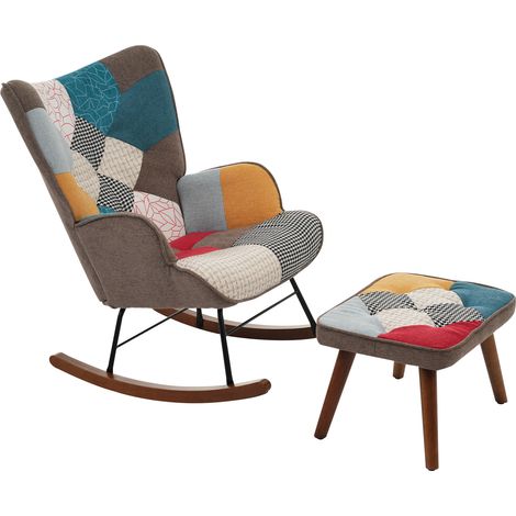 Fauteuil à bascule patchwork avec repose-pieds, assise rembourrée multicolore, structure en bois massif et fer, charge 90 kg (1/5)