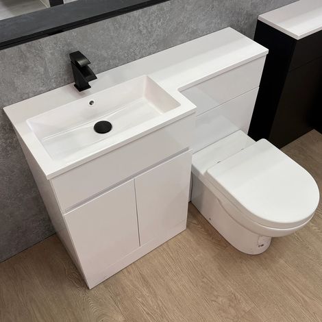 Waterproof Vanity Suite 1100mm Basin Toilet Unit L Shape White Modern Left Hand, Without Tap & Waste