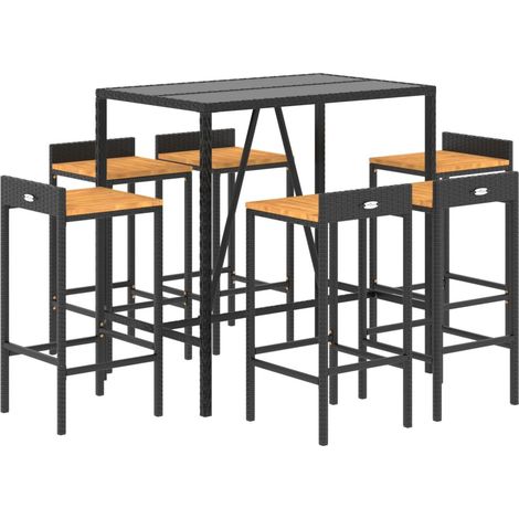vidaXL Ensemble de bar jardin 7 pcs noir poly rotin/bois massif acacia