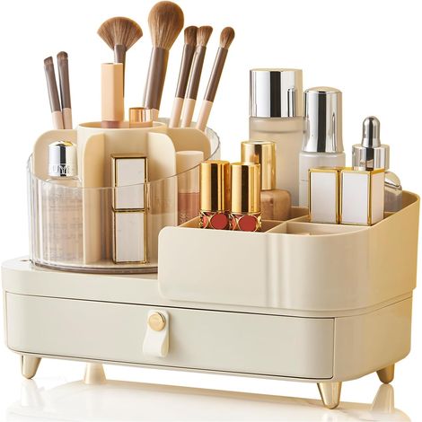 360° drehbare Kosmetikaufbewahrungsbox mit Schublade, große Aufbewahrungsbox für Kosmetikartikel, Aufbewahrungsbox für Hautpflegeprodukte mit Make-up-Pinselhalter, Kosmetikaufbewahrungsbox für Schmink