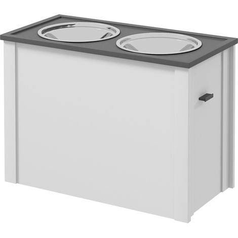 Station d'alimentation avec gamelles surélevées, 1 compartiment de rangement, 2 gamelles en acier inoxydable, 60 x 30 x 42 cm, blanc et gris