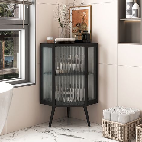 Armario esquinero 56/42,5/80 cm negro con vidrio templado y 2 estantes (1/5)
