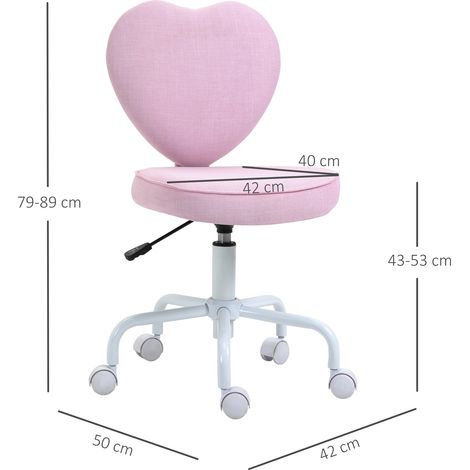 Fauteuil pivotant, joli motif cœur, réglable en hauteur, revêtement en tissu aspect lin, rose, 42 x 50 x 79-89 cm (1/5)