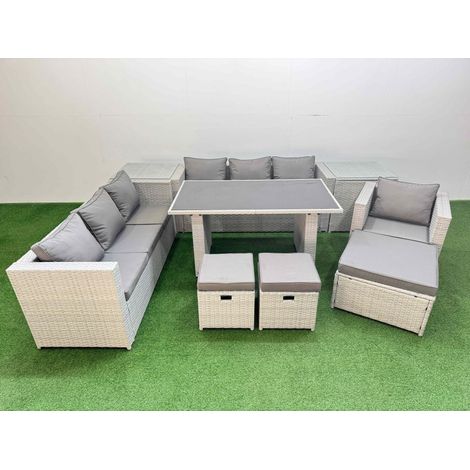 Fimous Patio Garden Furniture Sets with Black Glass Top Dining Table 3 Seater Sofa Armchair 2 Side Tables 3 Stool Light Grey (1/5)