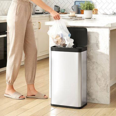 Cubo de basura con sensor de movimiento, 45 litros, con tapa de cierre suave, ideal para cocina, dormitorio y oficina. Color plata. (1/5)