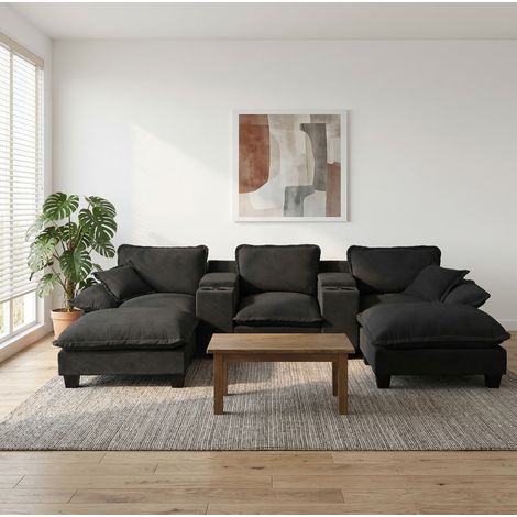 Canapé U-Form Chenille Schwarz 323x151x90 cm, modular mit USB, Stauraum und Getränkehaltern (1/5)