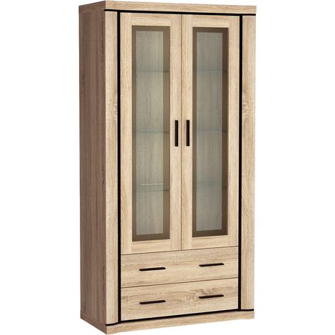 Estantería Lorelie 116, Roble Sonoma, Cerrable, Con cajones, Con puertas, Aglomerado laminado, Vidrio templado, Número de puertas: 2, Número de cajones: 2, 192x97x44cm (1/5)