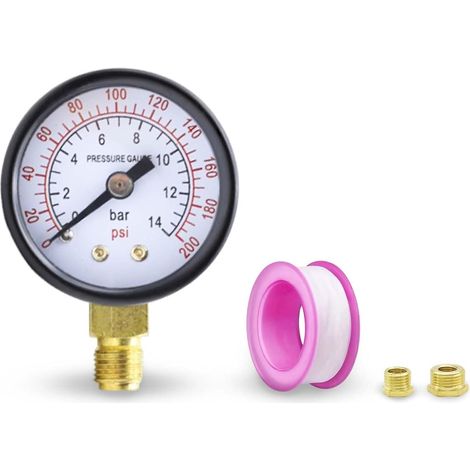 42 mm Pool pressure gauge, 14 bar, (200 psi), water pressure gauge with pressure gauge, water pressure gauge, pool filter pressure gauge, with 2 adapters 3/8 and 1/2, raw tape (1/5)