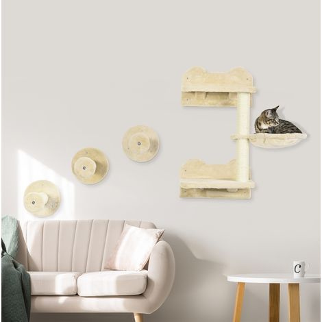Wand-Kratzbaum mit 3 Plattformen, Kratzbaum und Hängematte, beige und cremeweiß HAVRYA (1/5)