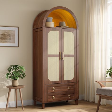Armario ropero con forma de arco y LED, 2 puertas efecto rejilla de ratán y 2 cajones, barra para colgar integrada, estilo vintage para dormitorio y vestidor, color nogal (1/5)