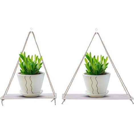 Étagère Murale Flottante, Support Mural Suspendu en Bois Massif avec Crochets et Corde, Triangulaire pour Plantes et Décoration, pour Salon, Chambre, Couloir