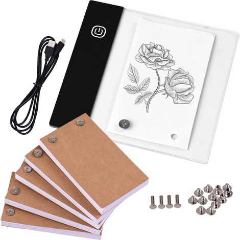 Coffret Flipbook avec Mini Pad Lumineux Lightbox LED Tablette Perforée, 300 Feuilles Papier Flipbook, Vis Reliure, Dessin Calque Animation Esquisse BD (1/4)