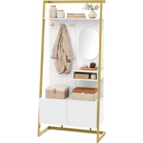 Penderie d'entrée 78x38,5x180,5 cm en panneaux de bois et métal blanc, gain de place hall - FLORAGRACE (1/5)