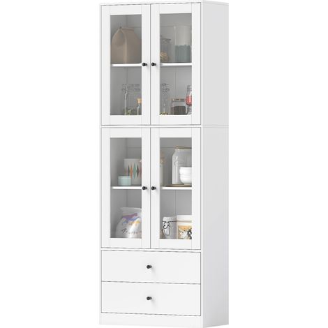 Hochglanzweißes Küchen-Sideboard, 59 x 30 x 170 cm, hoher Schrank mit Glastüren, Schubladen und verstellbaren Einlegeböden. (1/5)