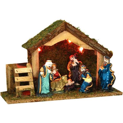 Fééric Lights And Christmas – Crèche de Noël lumineuse avec 8 santons en porcelaine – Dimensions 32x13x20 cm – Fonctionne avec 2 piles LR06 – Décor intérieur chaleureux (1/8)