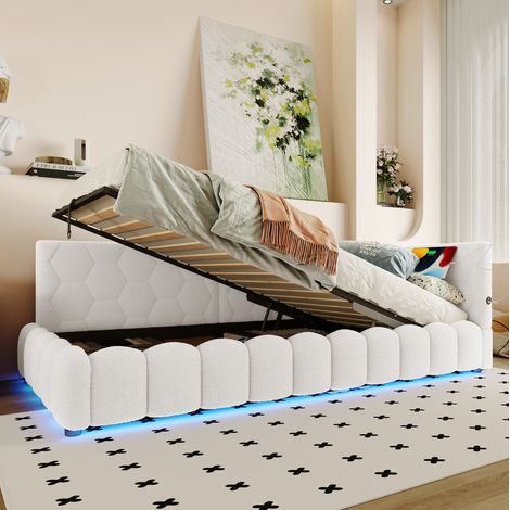 Cama diván 90/200 cm blanca de tejido efecto fieltro con LED, USB, Tipo-C y arcón hidráulico (1/5)