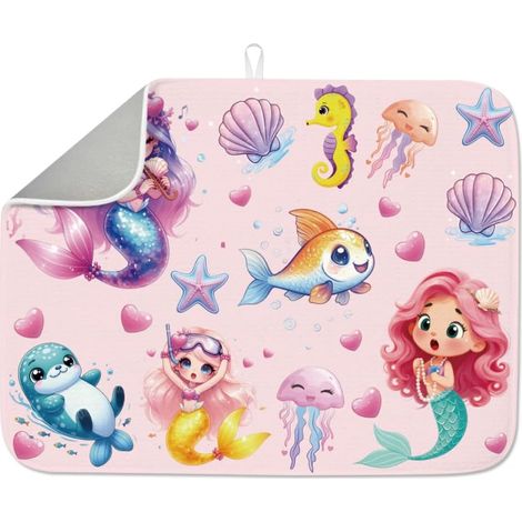 Tapis égouttoir à vaisselle sirène pour comptoir de cuisine 45,7 x 61 cm, motif animaux marins, tapis d'égouttement absorbant en microfibre résistant à la chaleur pour robinet de table, évier (1/5)