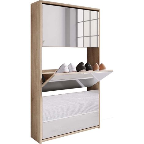 Ebuy24 – Armoire à chaussures basculeur avec miroir – H. 112 x L. 63 x P. 17 cm – 3 compartiments pour 9 paires – Raccords en métal de haute qualité