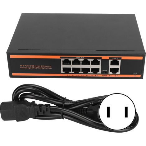 Switch PoE Gigabit 10 Ports 100M/1000M Non-Géré Compatible 802.3af Prise en Main Plug and Play Sans Ventilateur Alimentation 100-240V Prise US (1/5)