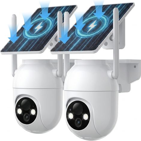 Lot de 2 Caméra de surveillance interieur / exterieur WiFi sans Fil Solaire 2K 3MP avec Panneau Solaire 5W, 2K QHD, Batterie 5200mAh, 2.4G, 355° PTZ Suivi Automatique, IP66, PIR Détection Konsoefuly (1/5)