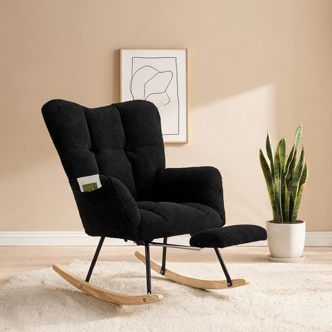 Fauteuil à bascule noir en tissu teddy avec repose-pieds en teddy (1/5)
