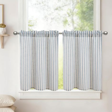 Rideaux de cuisine à rayures courtes bleues H 60 x 60 cm, lot de 2 rideaux à l'aspect lin semi-transparent avec baguette pour cuisine, placard, salle de bain (1/5)