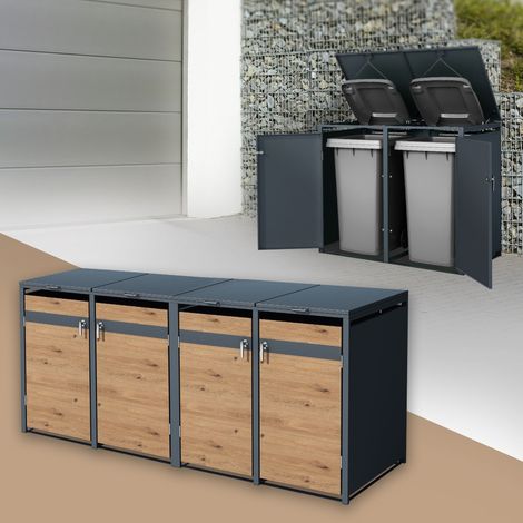 ML-Design Cobertizo Para Ocultar 4 Cubos de Basura 240L Antracita Aspecto Roble 264x80x116,3cm Caseta de Acero Para Jardín Contenedor Resistente Caja Con Tapa Abatible Cuatro Puertas y Cerradura (1/5)