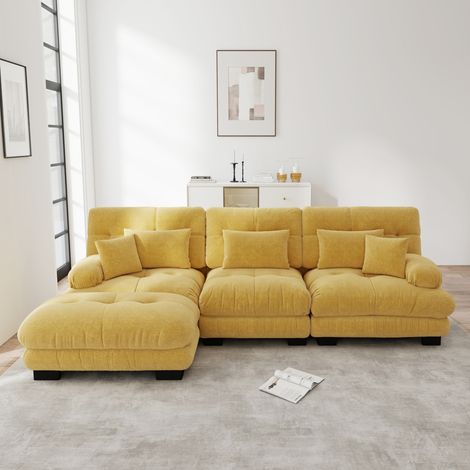 Canapé modulare angolare in chenille giallo con pouf mobili, seduta profonda (1/5)