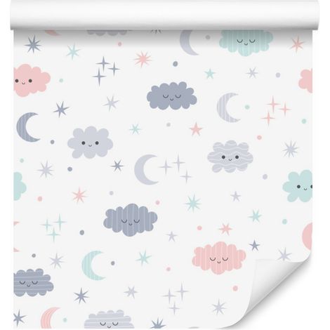 Papel pintado con estrellas, lunas y nubes alegres para salón y dormitorio, 50x1000 cm. (1/5)