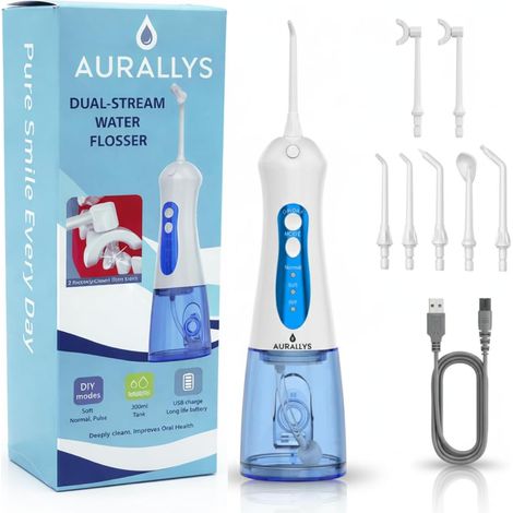 Hydropulseur buccal sans fil IPX7 étanche avec 7 embouts, batterie 2 000 mAh, réservoir 280 ml, 3 modes DIY avec mode personnalisable (bleu et blanc) (1/5)