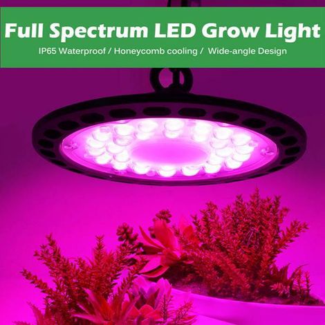 Un ensemble de lampes horticoles LED à spectre complet en aluminium noir 165-265V pour serre, en forme de soucoupe volante.