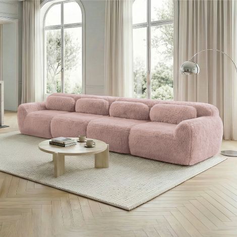 4-Sitzer Sofa, Premium-Plüschstoff, Mehrfachkombination, rutschfester Boden, mit Kissen. Ergonomische Unterstützung, hochelastischer Schaumstoff, geeignet für Wohnzimmer, Schlafzimmer, Rosa 
WL