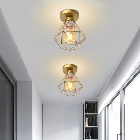 – Plafonnier en métal doré cage diamant E27 – Design rétro industriel – 16x16x18cm – Pour couloir, escalier, chambre (1/5)