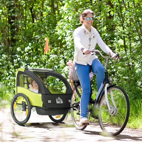 Remorque Vélo Enfants Ceinture Sécurité Système Amortisseurs Sport Entraînement +18 mois Vert 140x88x90cm