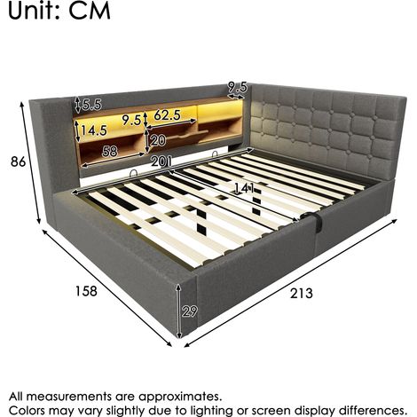 Cama tapizada de 140x200 cm, cama doble con iluminación LED, almacenamiento hidráulico, cabecero en forma de L con espacio de almacenamiento, se puede montar a ambos lados, somier de láminas, tejido d (1/5)
