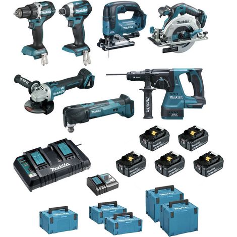 Pack de 7 machines MAKITA 18V DLX7014PTJ (DDF484+DTD154 +DGA506+DHR243 +DTM51+DJV182 +DHS680 + 5x5,0Ah + DC18RD + 2xMAKPAC 2 +MAKPAC 3 + 2xMAKPAC 4)