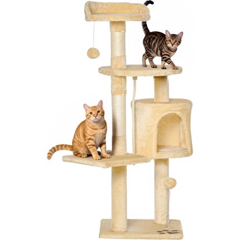Arbre à chat beige géant 114 cm avec griffoir, plateformes, niches, balles et jeu en peluche, accessoire design sobre pour intérieur pratique et ludique
