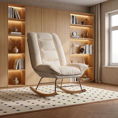 Fauteuil scandinave en Bois, Fauteuil à Bascule, Rocking Chair, Structure en bois massif et métal, lin beige, 77 x 90 x 100 cm (1/5)