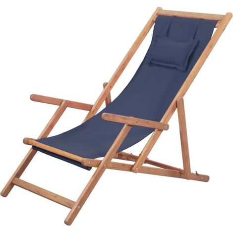 Chaise de plage pliante, structure en tissu et bois, bleue (1/5)