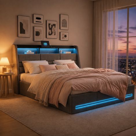 Lit coffre double adulte 140x200 cm avec rangement hydraulique, tête de lit coffre avec LED, ports de charge, revêtement en lin gris (1/5)
