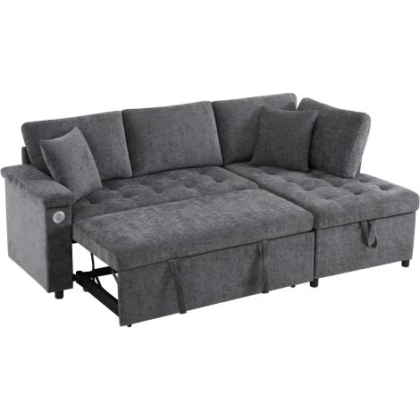 Sofá esquinero, sofá de 3 plazas cama con puerto USB-Type-C, almacenamiento y cojines, de tela, gris (1/5)