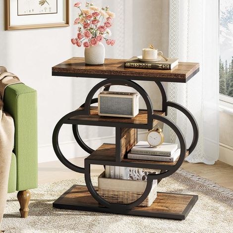 Tribesigns Narrow Side Table, 4-Tier Small Wooden End Table with Curved Metal Frame, Rustic Bedside Nightstand with Storage Shelves for Bedroom, Living Room