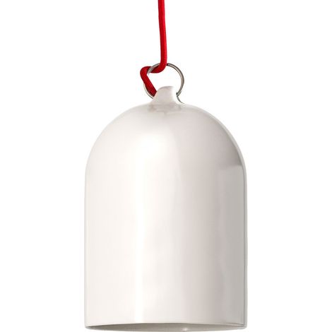 Lampada a sospensione Made in Italy completa di cavo tessile e paralume Mini Campana XS in ceramica Senza lampadina - Bianco lucido - Matter ON/OFF