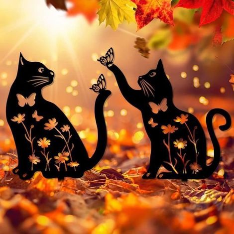 Décoration de Jardin pour Chat en métal - - Chats jouant des papillons - Noir - Lot de 2