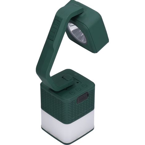 Lampe camping rechargeable USB, éclairage LED polyvalent pour tente, torche intégrée avec haut-parleur Bluetooth, batterie interne, couleur verte (1/5)