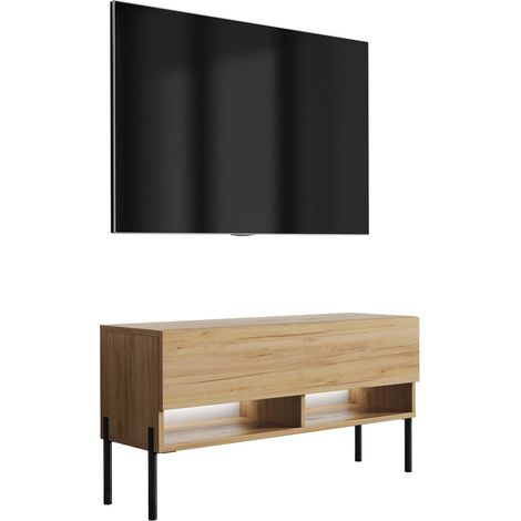 Meuble TV : Chêne Craft, pieds droits noirs, LED blanche, 100 × 32 × 52 cm (1/5)