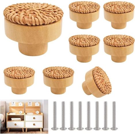 Lot de 8 boutons de porte et de tiroir en rotin pour meubles de cuisine, chambre, commode, placard - (1/5)