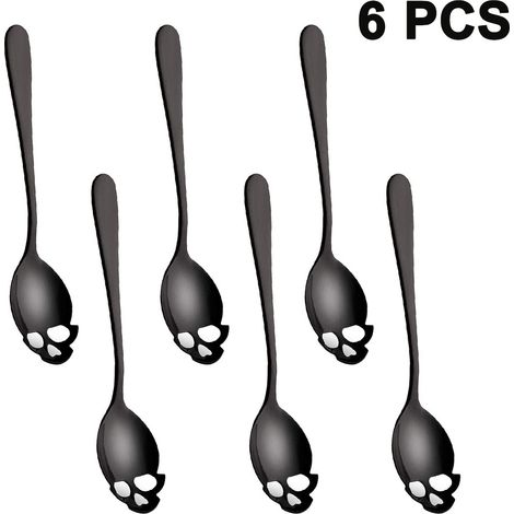 Ensemble de 6 cuillères à café et à thé en acier inoxydable 304, design élégant, cuillère à café en forme de crâne, cuillère à dessert en forme d'os, vaisselle de table idéale pour Noël et Halloween. (1/5)