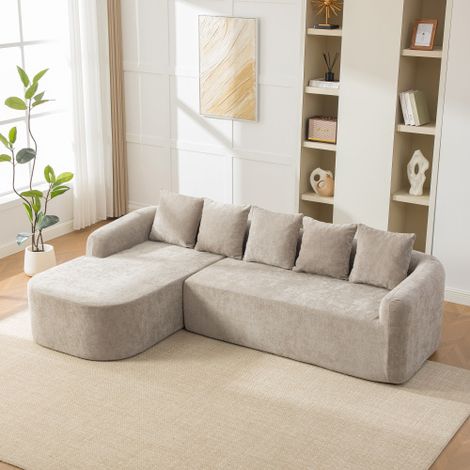 Canapé d'angle modulable en tissu chenille beige,canapé 3 Places avec méridienne,5 coussins,canapé convertible,Mousse haute résilience 30D,facile à déplacer et avec base antidérapante (1/5)